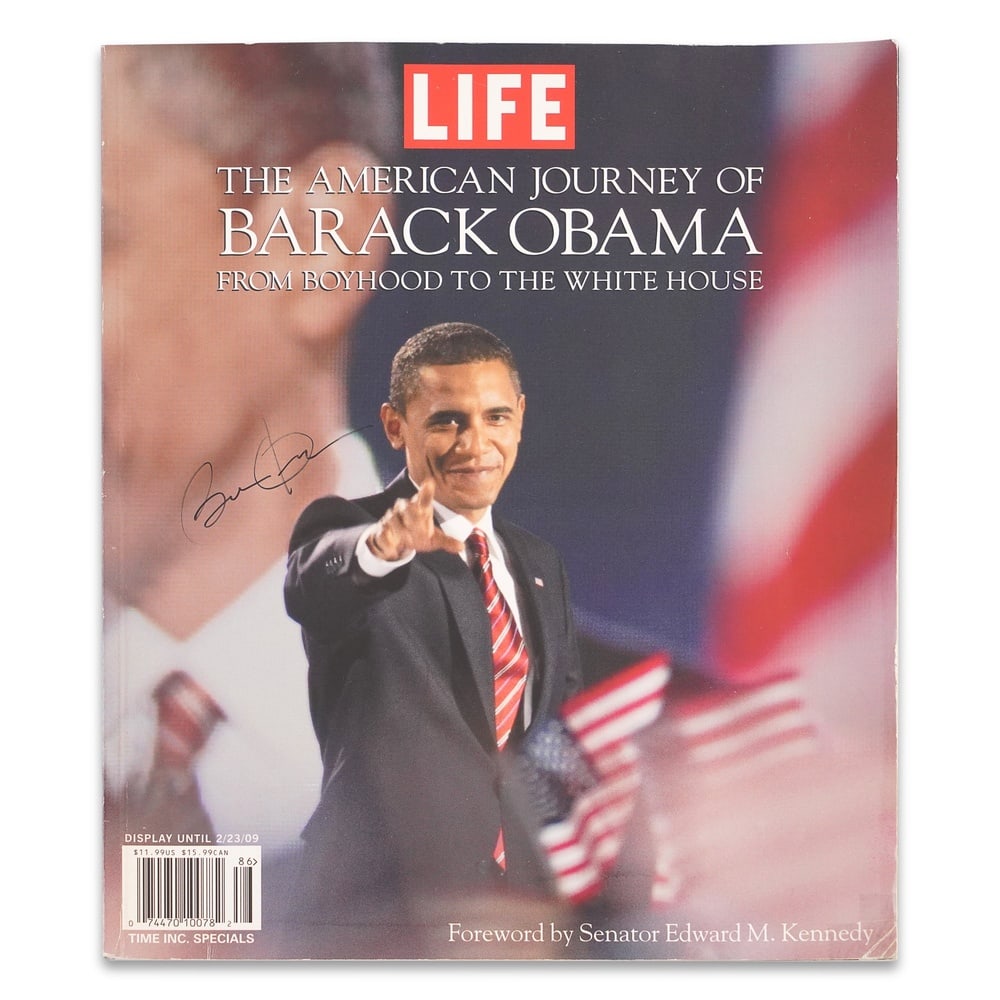 BARACK OBAMA SIGNED LIFE MAGAZINE "THE AMERICAN JOURNEY OF BARACK OBAMA": 10 7/8 x 9 in (27.5 x 22.8 cm) Provenance and Authentication: According to the Letter of Authenticity (LOA) and Certificate of Authenticity (COA) provided by the consignor, this collectible was subjec