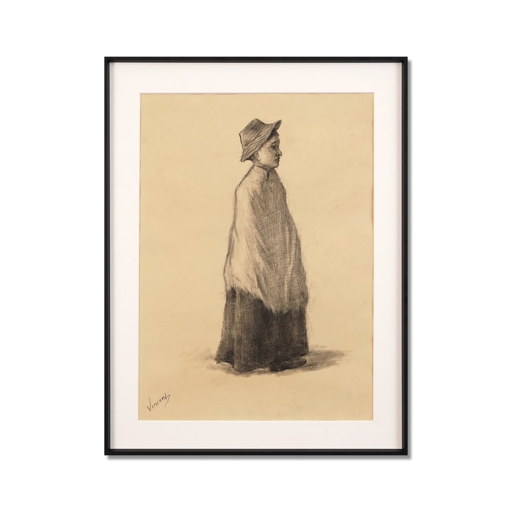 VINCENT VAN GOGH (1853-1890), ATTRIBUTED TO, CHARCOAL ON PAPER: Image Dimensions: 20 3/4 x 15 in (52.8 x 38 cm) Signed (lower left) This painting comes with COA. This charcoal drawing titled "Woman with a Shawl" (1882) is a poignant reflection of Vincent van