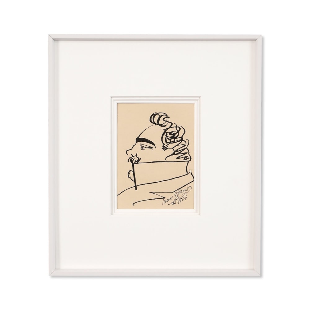 ENRICO CARUSO SIGNED SELF-PORTRAIT SKETCH: Image Dimensions: 6 1/4 x 4 3/4 in (16 x 12 cm) Framed Dimensions: 14 5/8 x 12 7/8 in (37 x 32.6 cm) Provenance and Authentication: According to the Letter of Authenticity (LOA) and Certificate of