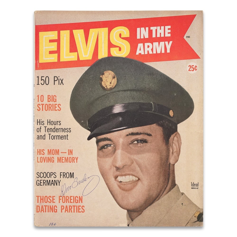 ELVIS PRESLEY SIGNED "ELVIS IN THE ARMY" MAGAZINE: 10 7/8 x 8 1/2 in (27.7 x 21.5 cm) Provenance and Authentication: According to the Letter of Authenticity (LOA) and Certificate of Authenticity (COA) provided by the consignor, this collectible was su