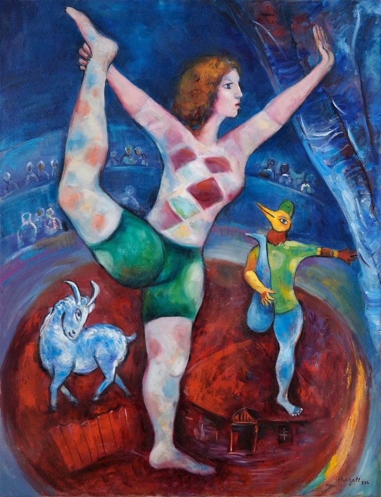 MARC CHAGALL (1887-1985), ATTRIBUTED TO, OIL ON CANVAS: Signed (lower right) Image Dimensions: 45 5/8 x 35 in (116 x 89 cm) This painting comes with COA. Marc Chagall's exploration of circus imagery represents a deeply personal and symbolic extension of hi
