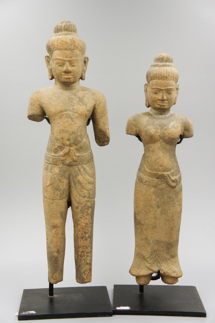 TWO CAMBODIAN STONE CARVED FIGURES: 12th century, 33.5 cm height, 41 cm height