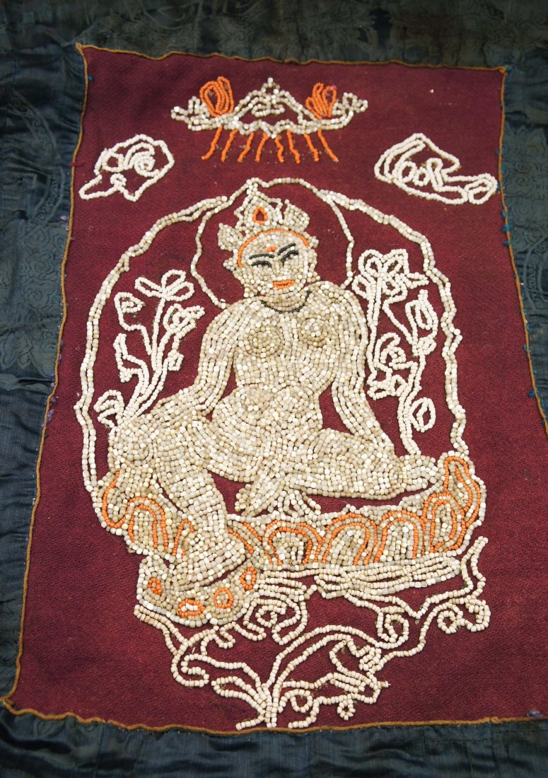QING DYNASTY TIBETAN BEADS THANGKA: 18th century, outter: 97 x 48 cm; inner: 46 x 30 cm