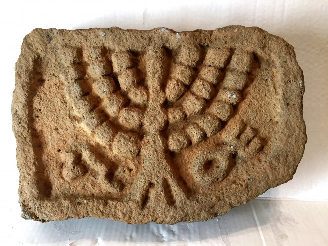 ANCIENT JUDAEAN CARVED LIMESTONE WITH MENORAH: ANCIENT JUDAEAN CARVED LIMESTONE RELIEF WITH MENORAH, c. 1st century BC/AD , symbols of the seven-branched menorah stand for Light .exceptional and imposing piece of ancient Judaica. Size : 44cm x 33c