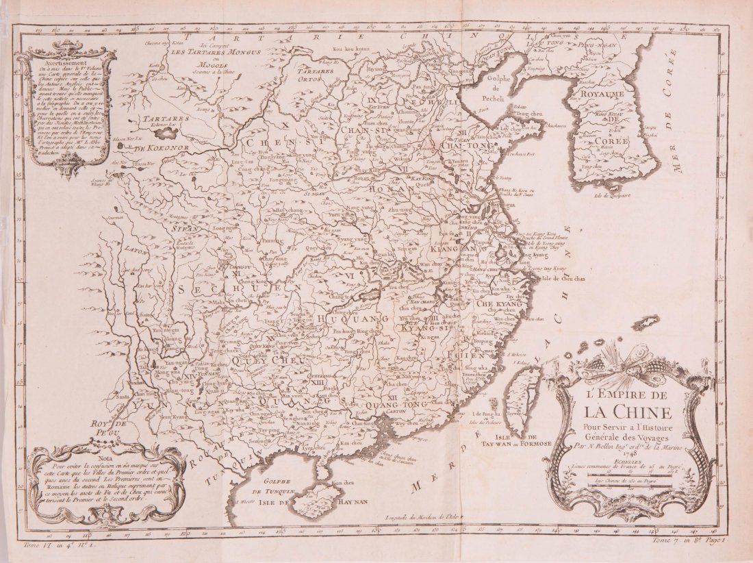 MAP OF CHINA, 1748 - JACQUES NICOLAS BELLIN: year: 1748. these sets of maps aid in regional study between china, japan and area of asian between the 18th and 19th century. 43.5 x 32.5 cm