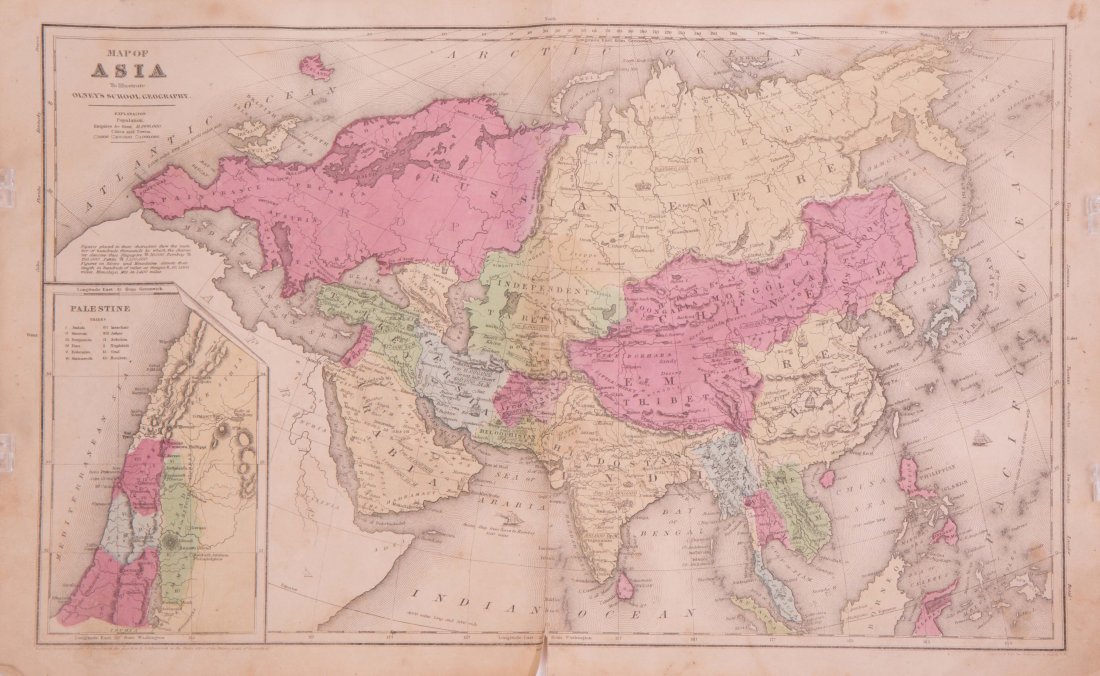 MAP OF ASIA, 1853 - OLNEY'S SCHOOL ATLAS: year: 1853. these sets of maps aid in regional study between china, japan and area of asian between the 18th and 19th century. 38.5 x 30.2 cm