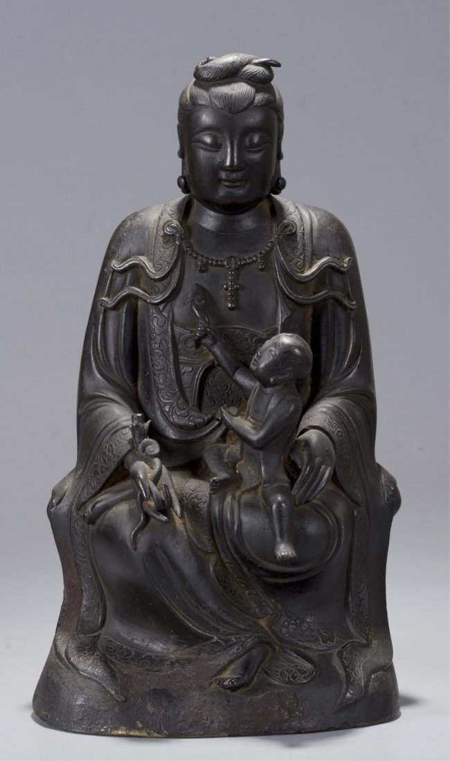A CHINESE BRONZE SITTING GUANYIN, MING DYNASTY: ming dynasty. Height: 27cm, width: 15cm, depth: 10.5cm, weight: 2.3 kg Provenance: New York Private Collector