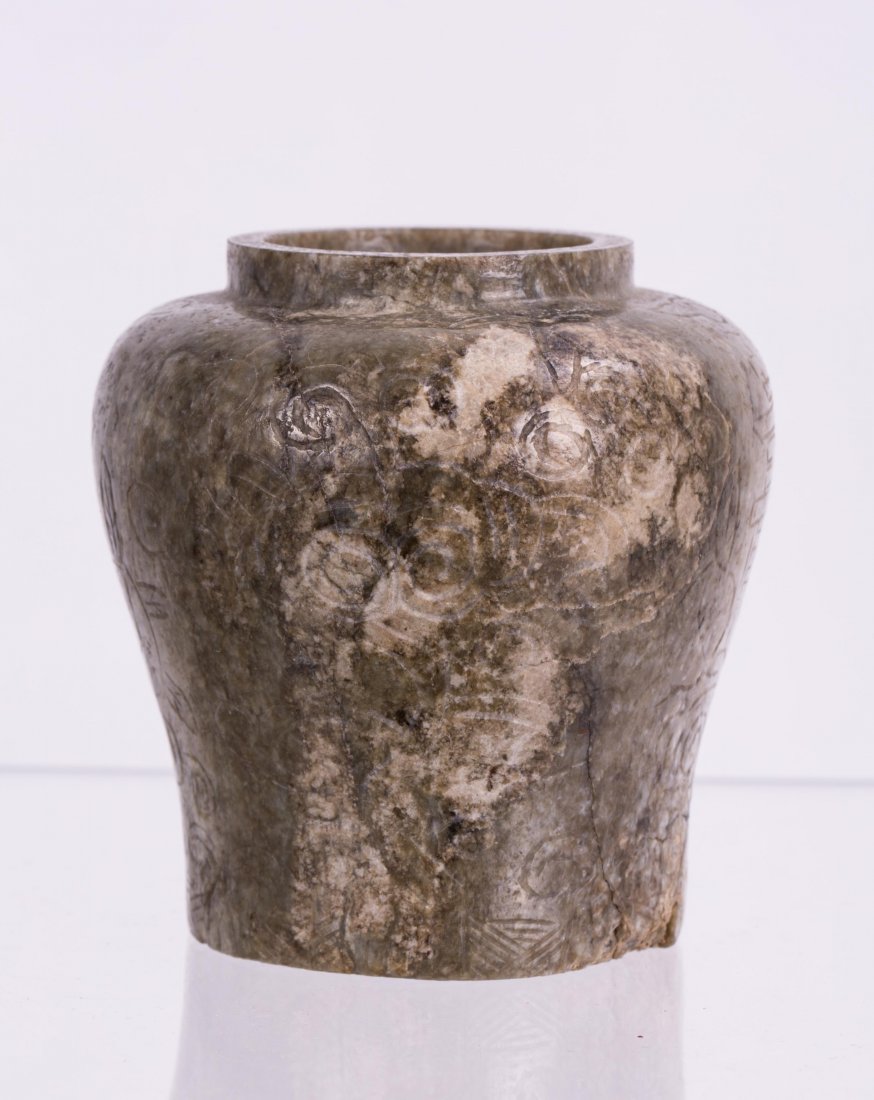 CHINESE JADE CARVED JAR WITH SHOU MARK: 15th century ming dynasty. 8 cm h x 8 cm w. Has some old chips and cracklines. Provenance: old virginia private collection.