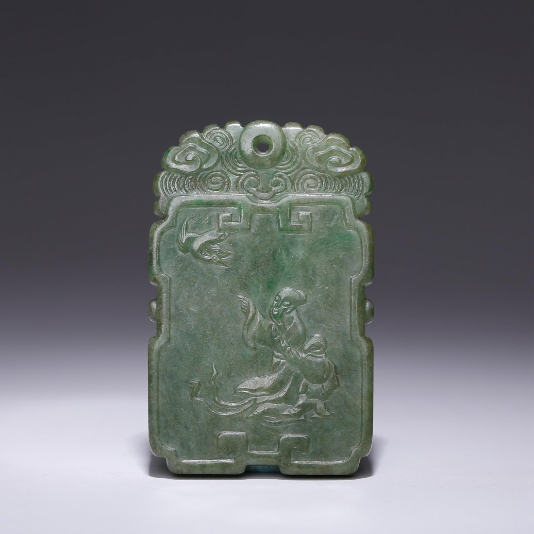 CHINESE JADEITE PLAQUE CARVED POEM: Qing dynasty. Height: 5.45cm width: 3.45cm thick: 0.7cm Weight: 35.9g