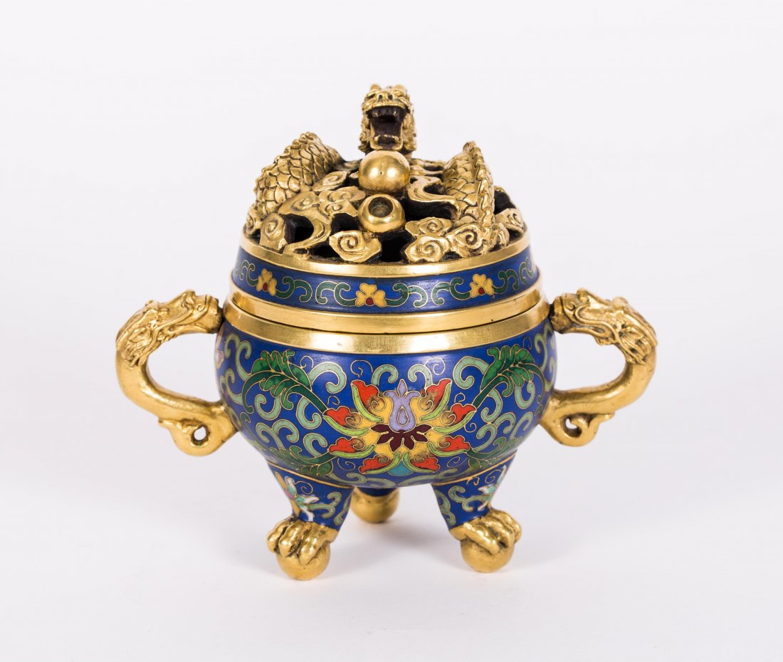Chinese Cloisonne Tripod Incense Burner: Chinese Cloisonne Tripod Incense Burner, Mark on Base Condition: good Dimension: 5 5/8"H x 6 1/2"W