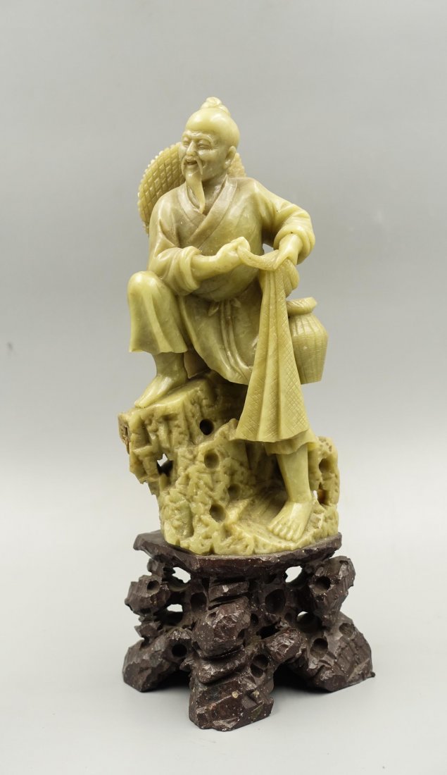 Chinese Soapstone Carving Of Fisherman: Very good condition. H 24, L 9, W 5.5 CM.