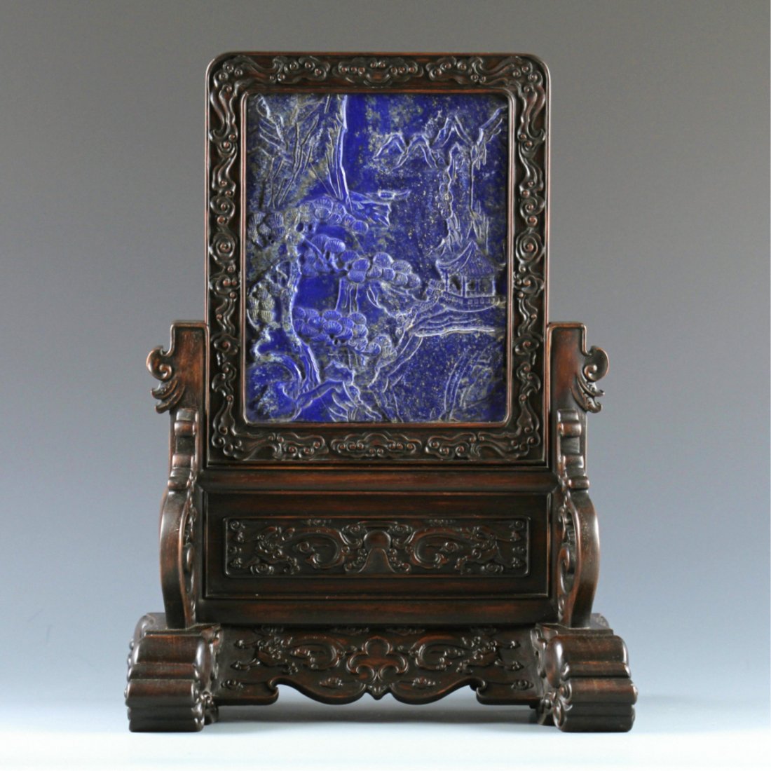 CHINESE LAPIS LAZULI ON HARDWOOD TABLE SCREEN: height: 40cm, width: 30cm, thickness: 20cm.