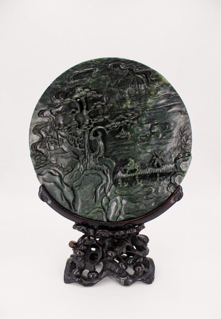 CHINESE QING DYNASTY SPINACH JADE TABLE SCREEN: qing dynasty. good condition. height with stand: 33CM jade panel: 24CM