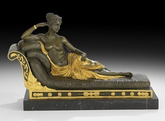BRONZE FIGURE OF PAULINE BONAPARTE: Continental Patinated and Gilt-Painted Bronze first quarter 20th century, after Antonio Canova (Italian, 1757-1822), h. 13-1/4", w. 22", d. 7-3/4". Estimate $1.500-2.000