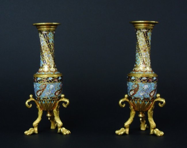 A PAIR OF BRONZE CHAMPLEVE ENAMEL VASES (1 of 4)