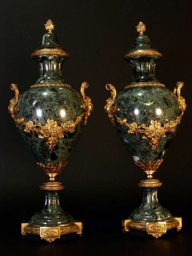 A PAIR OF ANTIQUE ORMOLU MOUNTED VERDE MARBLE URNS (1 of 5)