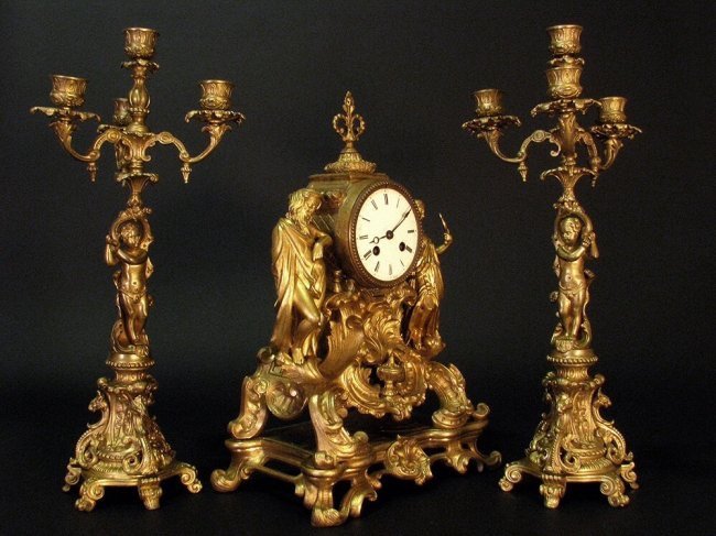 19TH CENTURY GILT BRONZE CLOCK SET (1 of 4)