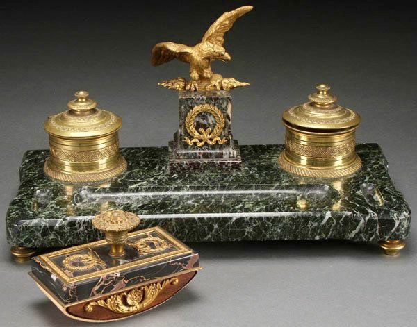 EMPIRE STYLE GILT BRONZE AND MARBLE INKWELL (1 of 1)