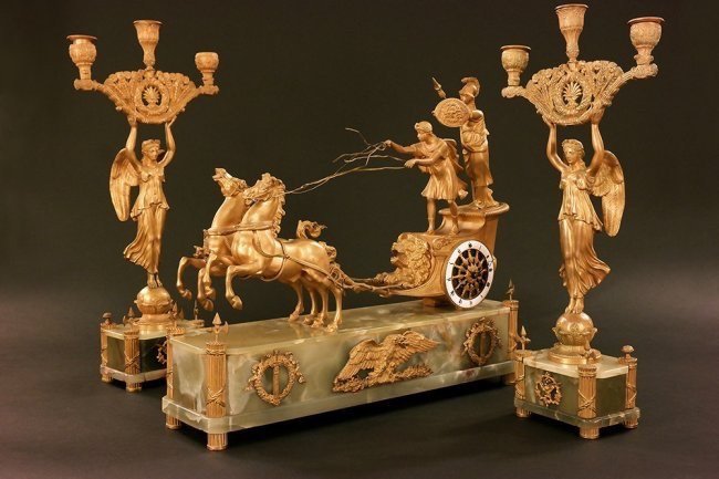 19TH CENTURY EMPIRE STYLE BRONZE & ONYX CLOCK SET (1 of 4)