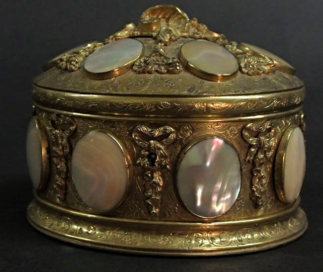 A 19TH CENTURY GILT BRONZE & MOTHER OF PEARL BOX (1 of 2)