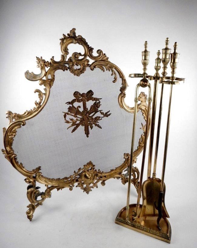 GILT BRONZE FIRE SCREEN AND TOOLS (1 of 1)