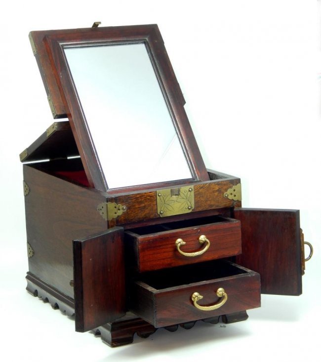 CHINESE CARVED WOOD BRASS CLAD JEWELRY BOX (1 of 3)