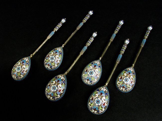 SET OF SIX 19TH CENTURY RUSSIAN ENAMEL SILVER SPOONS (1 of 4)