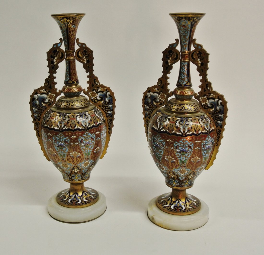 A LARGE PAIR OF 19TH CENTURY CHAMPLEVE ENAMEL VASES (1 of 2)