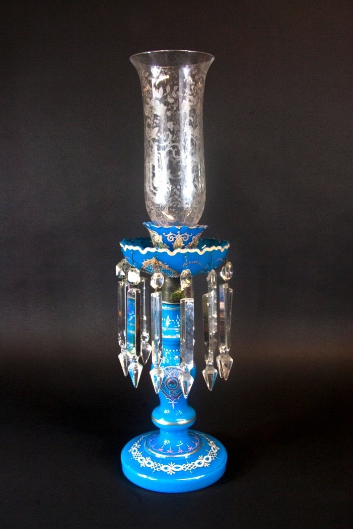 A LARGE BACCARAT OPALINE HURRICANE LAMP (1 of 3)