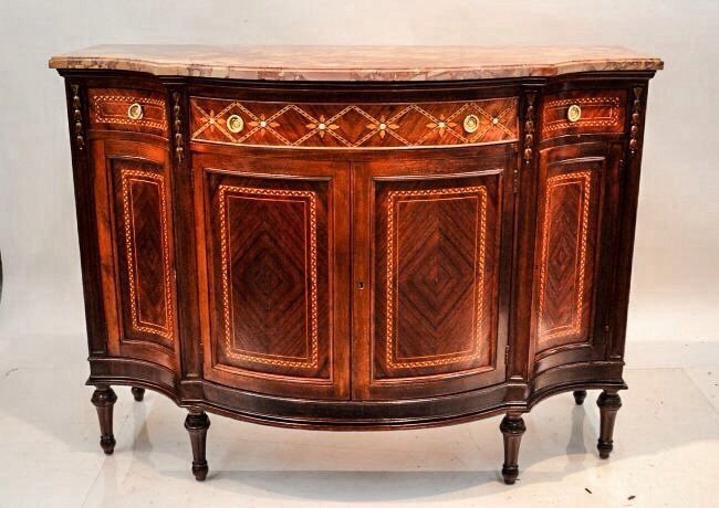 A FRUIT WOOD PARQUETRY MOTHER OF PEARL INLAID COMMODE: measures 50" x 23 1/2" x 38" , in excellent condition. Estimate $1.500-2.000