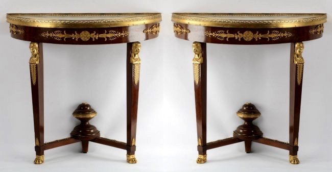 A PAIR OF FRENCH MARBLE TOP EMPIRE STYLE CONSOLES (1 of 2)