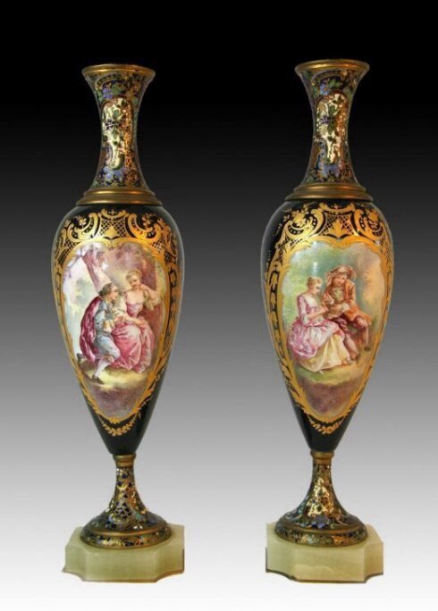 PAIR OF 19TH CENTURY SEVRES AND CHAMPLEVE ENAMEL VASES (1 of 3)