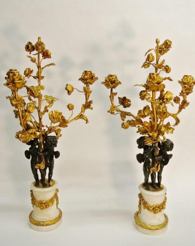 A LARGE PAIR OF BRONZE AND MARBLE CANDELABRA (1 of 2)