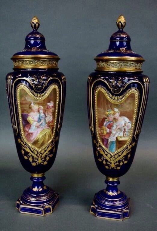 A PAIR OF 19TH CENTURY JEWELLED SEVRES VASES (1 of 4)