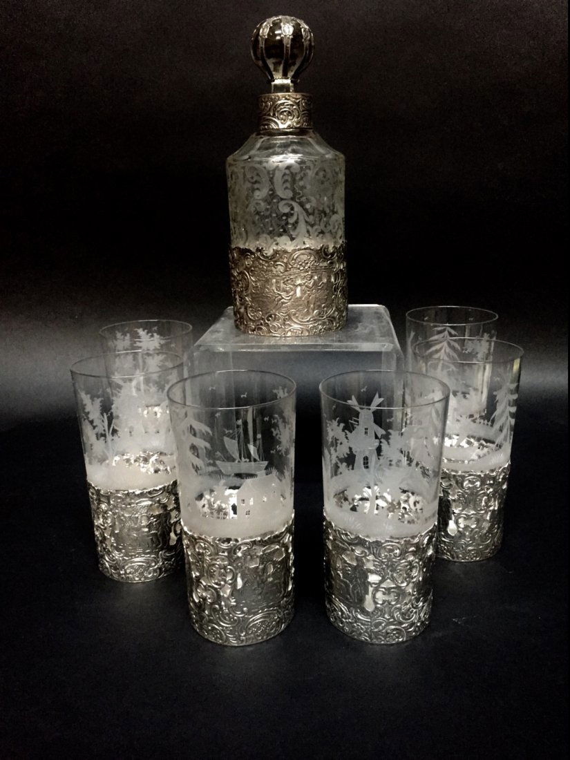 19TH CENTURY GERMAN SILVER AND ETCHED GLASS LIQUOR SET (1 of 4)