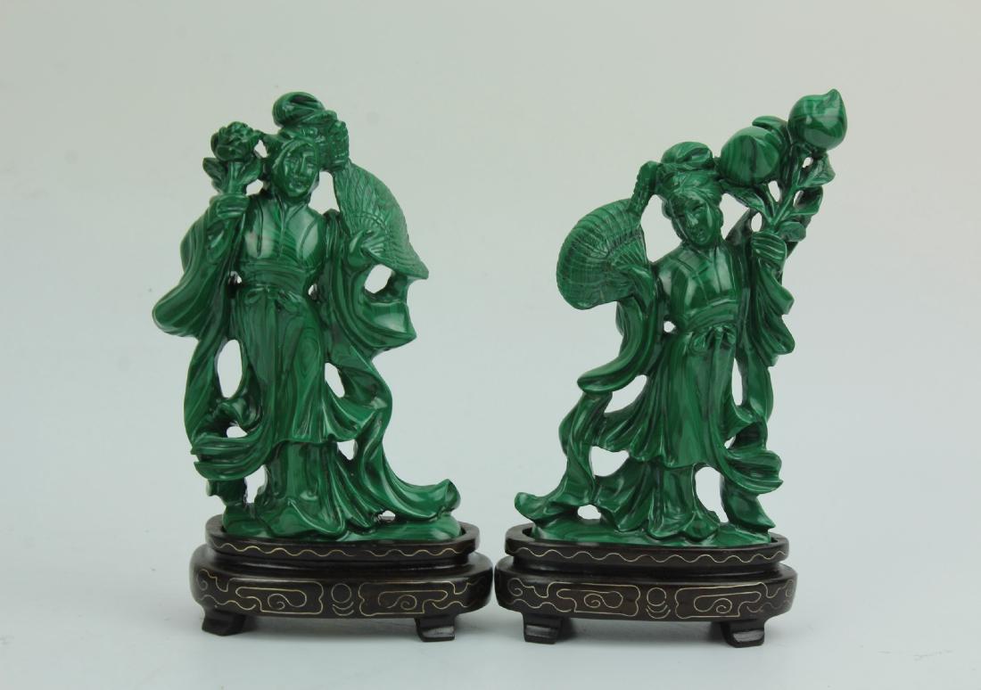 Two carved malachite figurines with wooden stands (1 of 4)