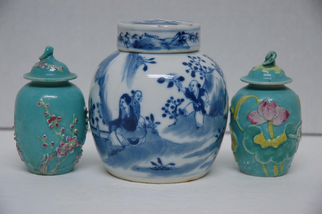 A Group of 3 Blue and White Turquoise Glaze Jars with (1 of 7)