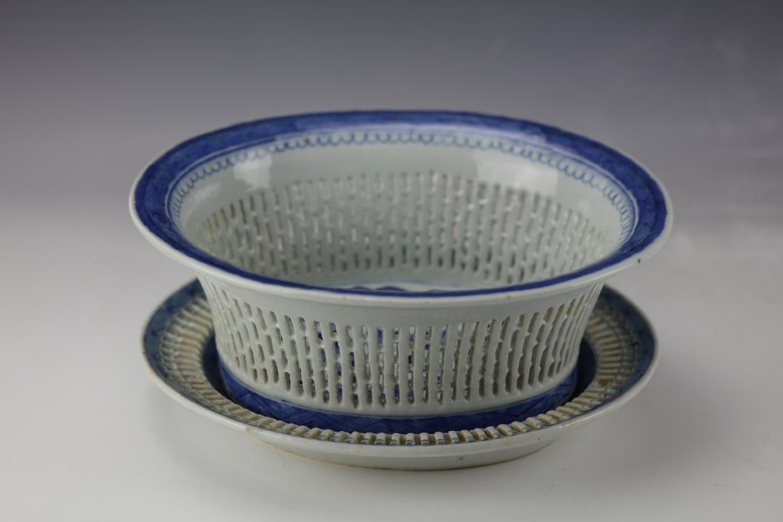 A Chinese Blue and White Porcelain Scenery Flower Pot: H: 5 in. (12.8 cm.) W: 11 in. (27.9 cm.) D: 9.5 in. (24.1 cm)