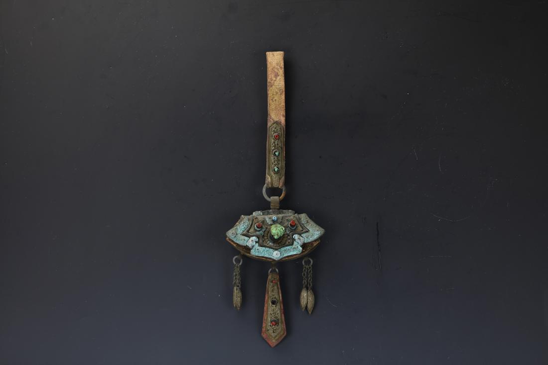 A Tibetan Antique Purse Inlay Red Coral: H: 14 1/8 in. (36 cm.) W: 4 3/4 in. (12 cm.)