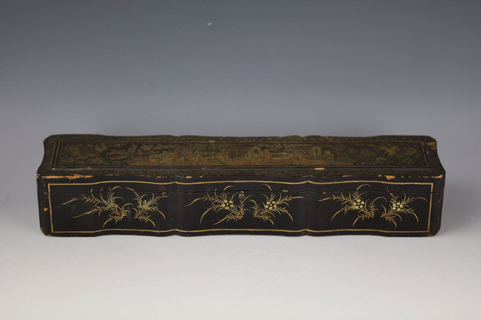 A Gilt Black Lacquer Figural Fan Box with Fan (1 of 16)
