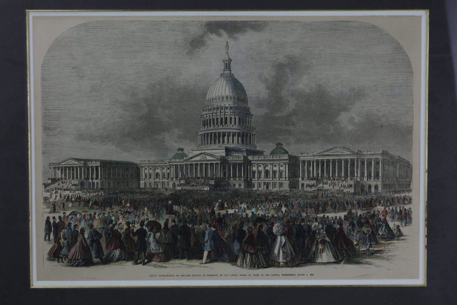 A Framed Engraving of Abraham Lincoln March 4 1965: Original Wood Engraving from Frank Leslie's Newspaper Published March 18, 1865. Second Enauguration of Abraham Lincoln as President of United States, In Front of the Catipol, Washington, March 4, 1865