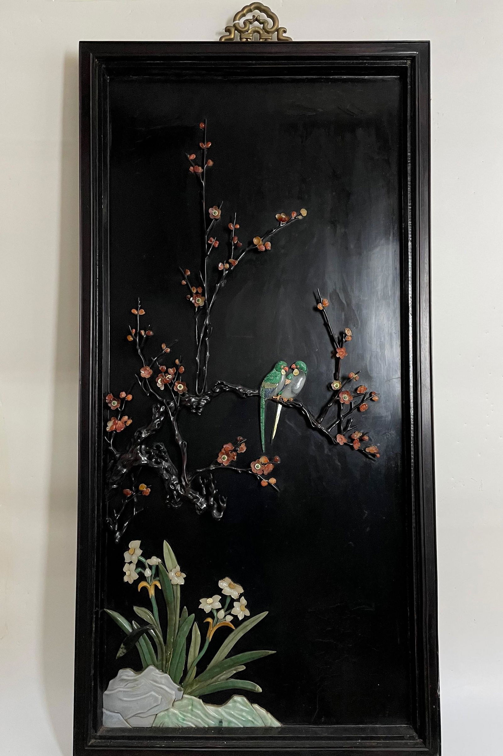 Fine Chinese Treasures Floral and Bird Panel Inlaid: Fine Chinese Treasures Floral and Bird Panel Inlaid Jade Lapis Malachite,Size H 48 in. ( 122 cm ) x W 23.75 in. (60 cm)