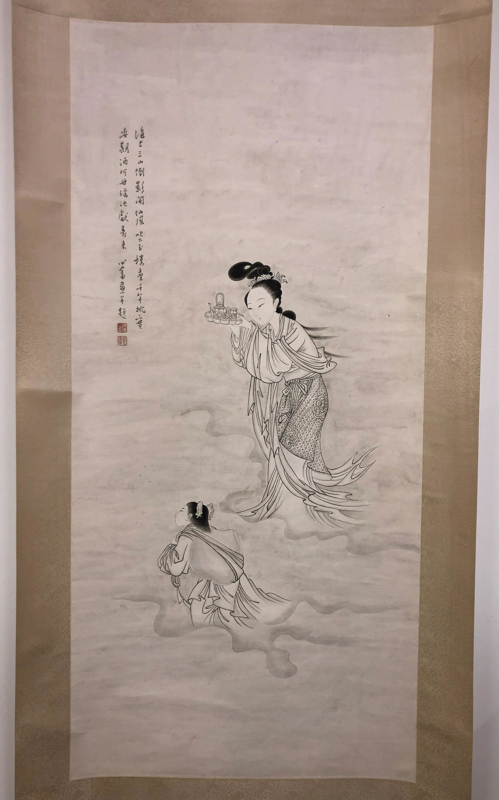 A Chinese Painting of Fairies Offering Birthday: A Chinese Painting of Fairies Offering Birthday Longevity by Pu Xin Ru. H: 46.5 in. (118.11 cm) W: 21.5 in. (54.61 cm)