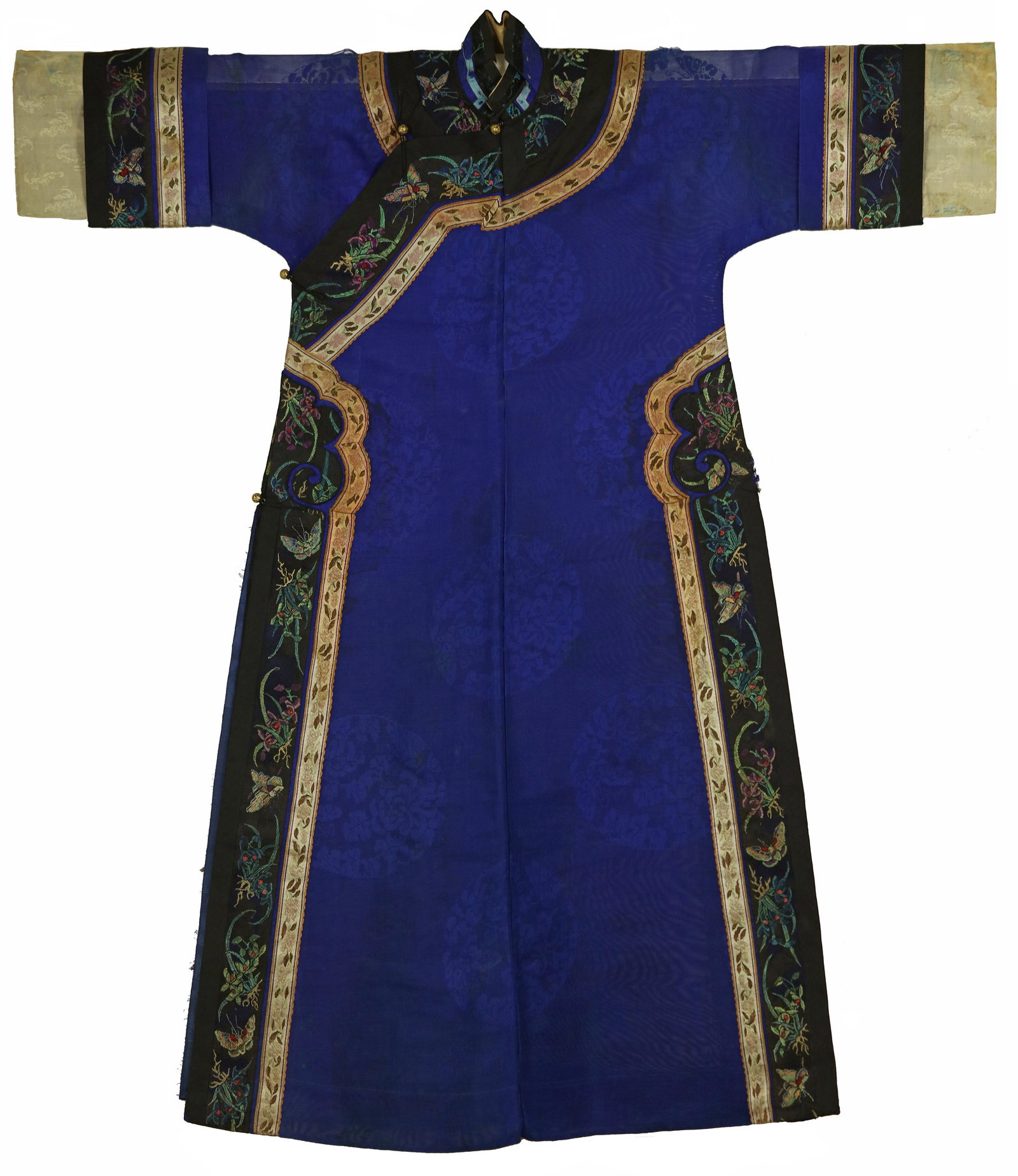 A Chinese Imperial Woman's Indigo Blue Dress with: A Chinese Imperial Woman's Indigo Blue Dress with Embroidered Black Collar. L: 54 in. (137.2 cm) Cuff to cuff: 47.5 in. (120.7 cm)