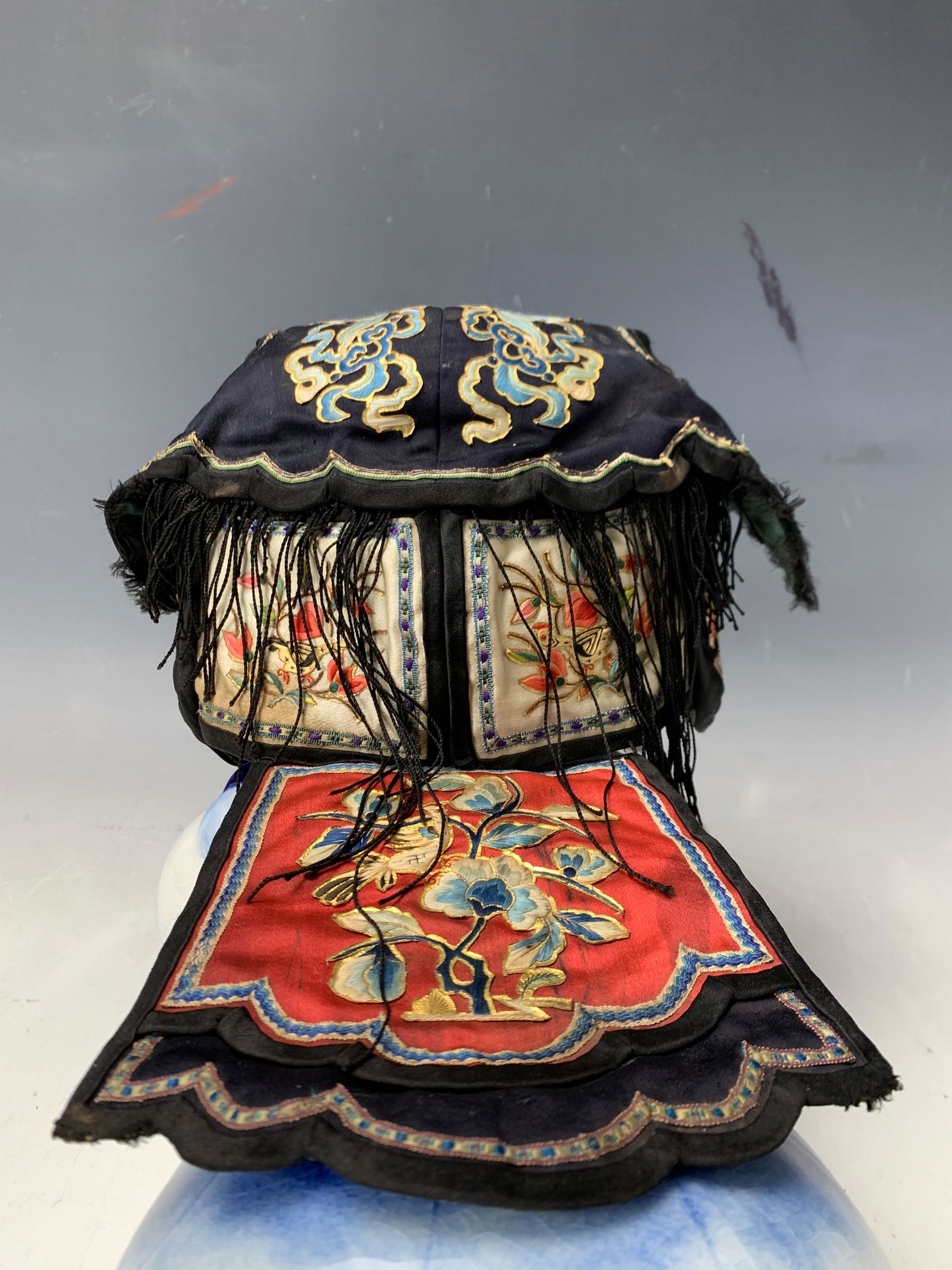 A Chinese Antique Mandarin Silk Embroidery Hat: A Chinese Antique Mandarin Silk Embroidery Hat. H: 11 in. (28 cm) x 9.8 in. (25cm)