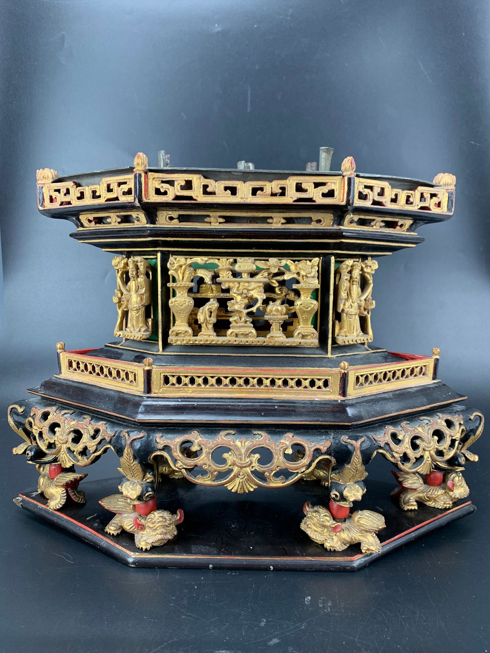 A Chinese Wood Carved Black Lacquer Gild Figural Candle (1 of 11)