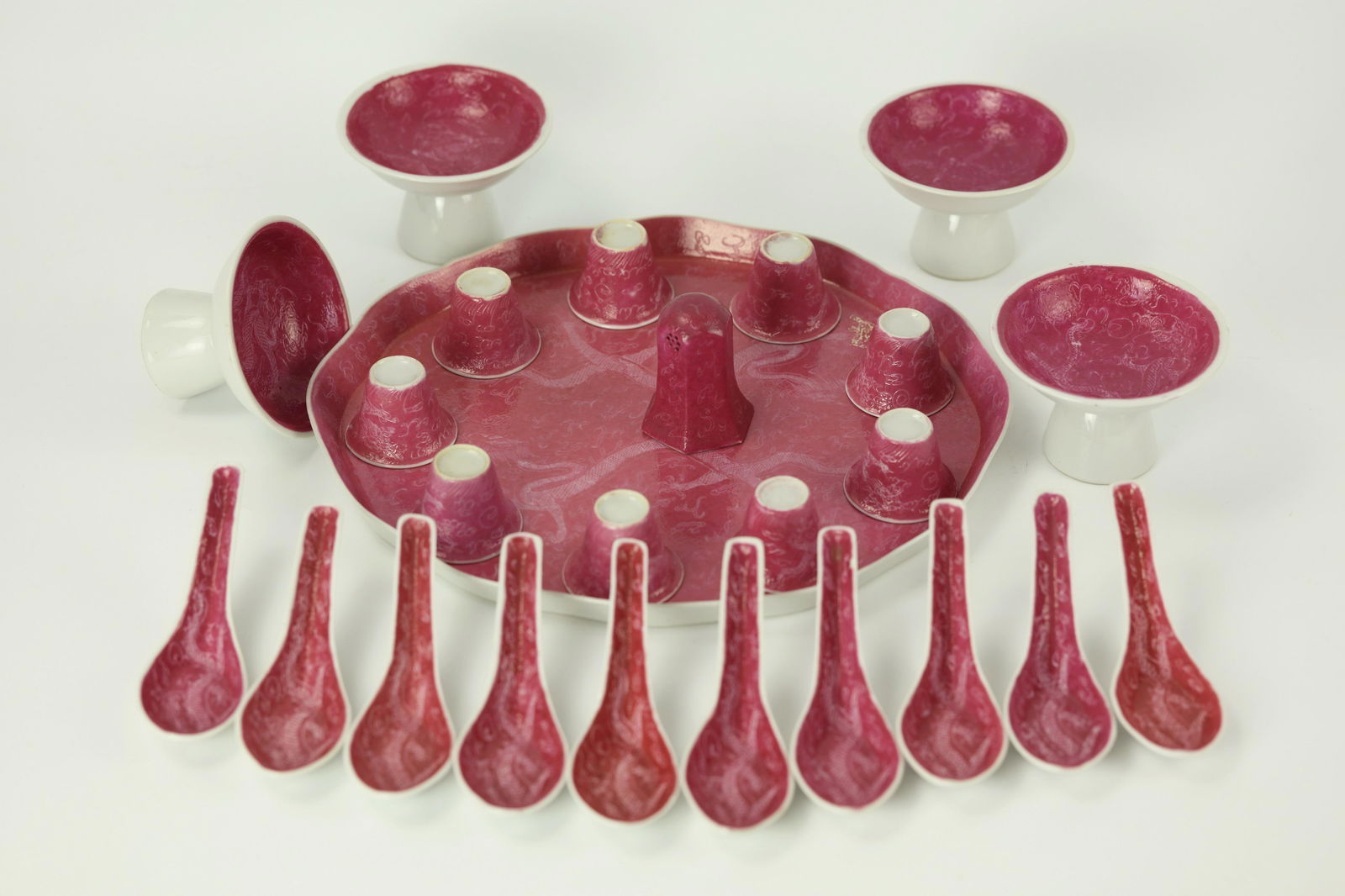 Set of Chinese Carmine Red porcelain Dragon Relief Art (1 of 13)