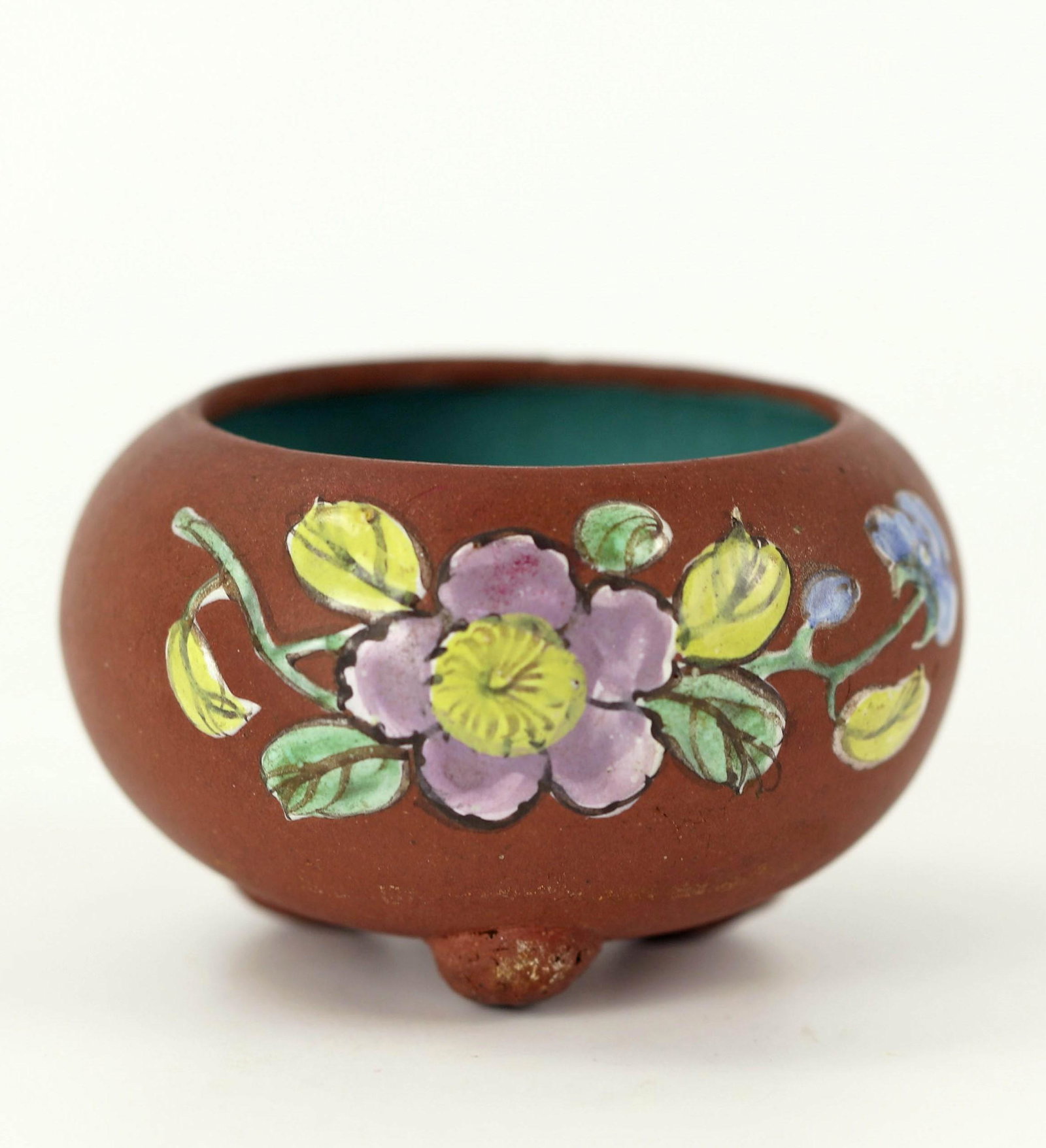 A Chinese Zisha Tripod Jar Bowl with Floral and Bird: A Chinese Zisha Tripod Jar Bowl with Floral and Bird Art, H: 2 in. (5 cm) W: 3.2 in. (8 cm)