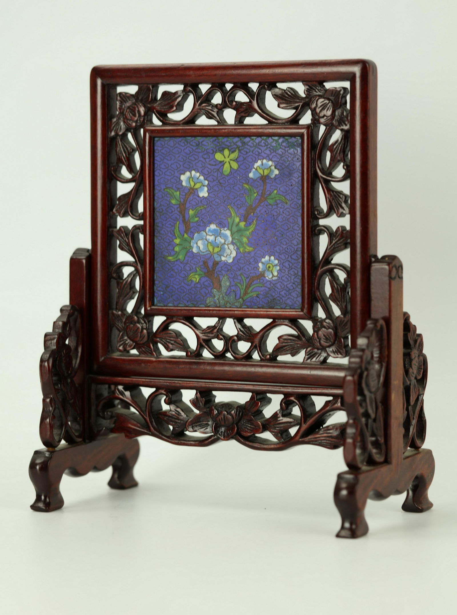 A Chinese Cloisonne Plaque Mini Table Screen on Carved (1 of 8)