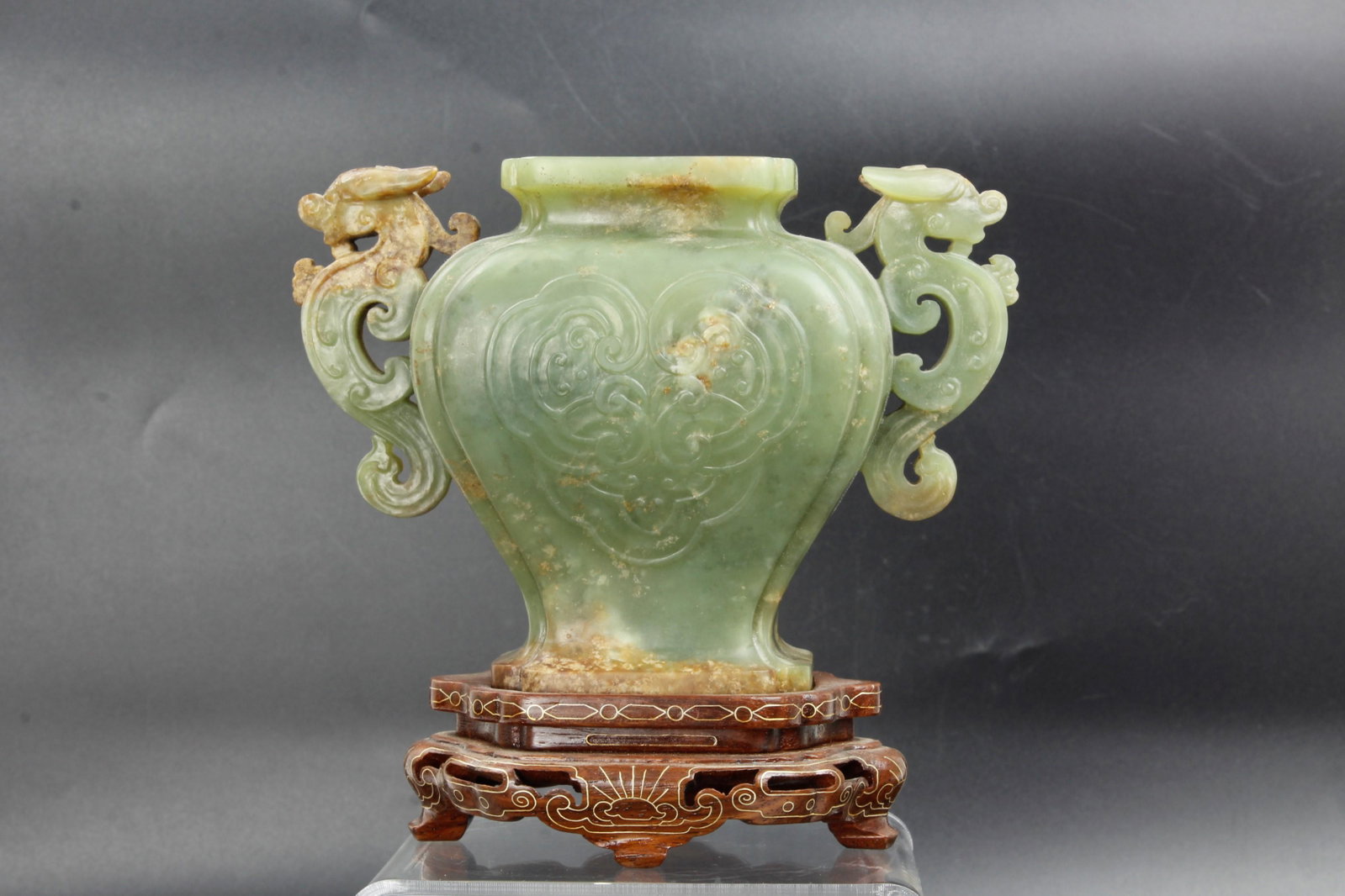 A Chinese Caved Jade Vase on the Wood Base: A Chinese Caved Jade Vase on the Wood Base,H 5.3 in.(13.5 cm) w base.